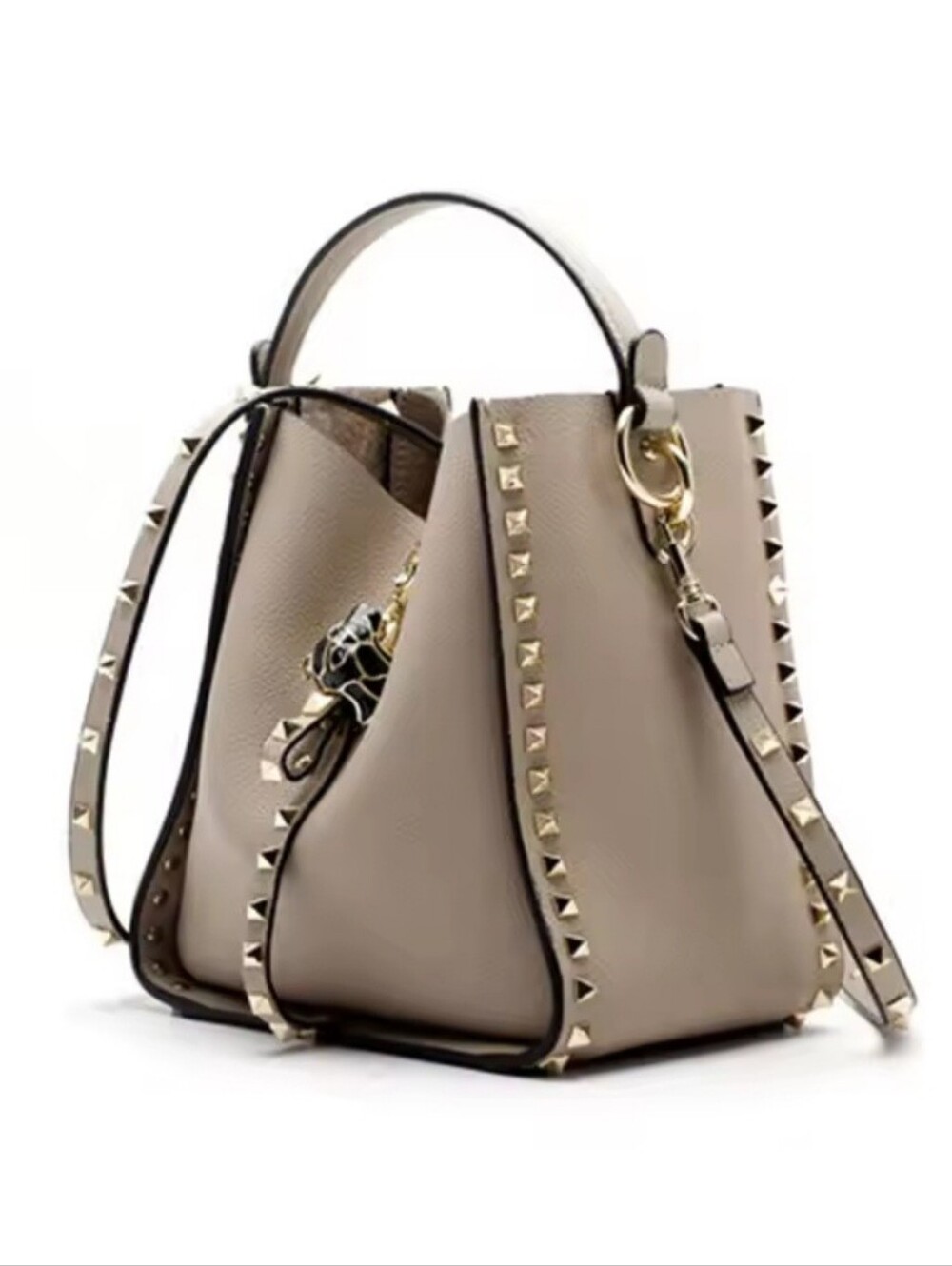 Genuine Cowhide Leather Studded Bucket Bag with Top Handle - Picture 2 of 16